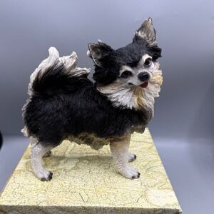 Long Haired Chihuahua Figurine Black White Tan Resin Realistic Dog Statue Decor